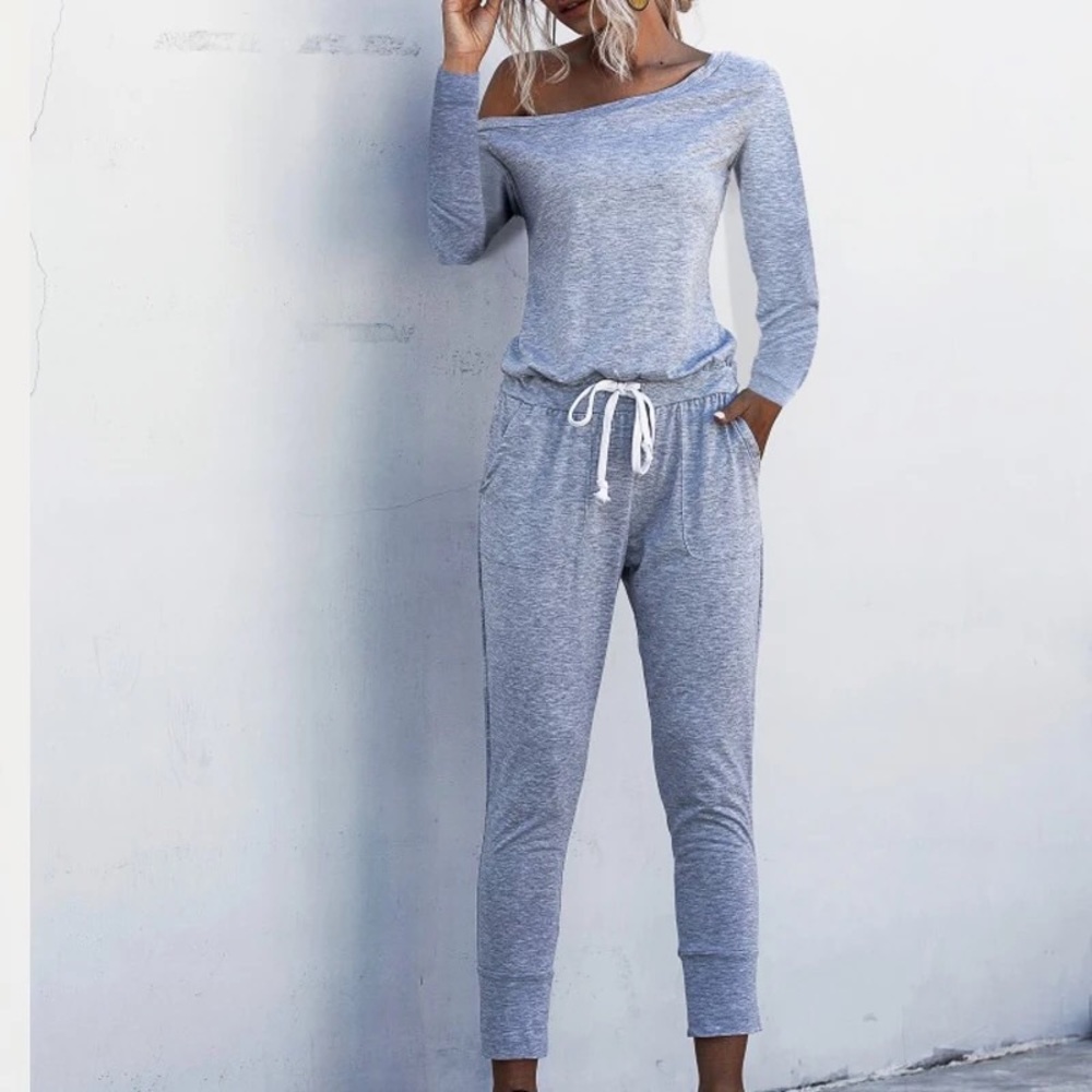 NEW Gray Comfy Off Shoulder Drawstring Jumpsuit